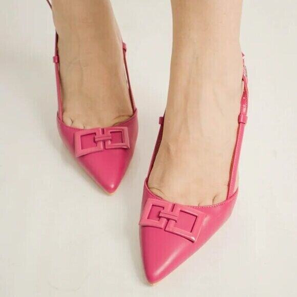 ZARA Leather Heels with Front Buckle NWT | Fuchsia Slingback Size 7.5 - Picture 9 of 16
